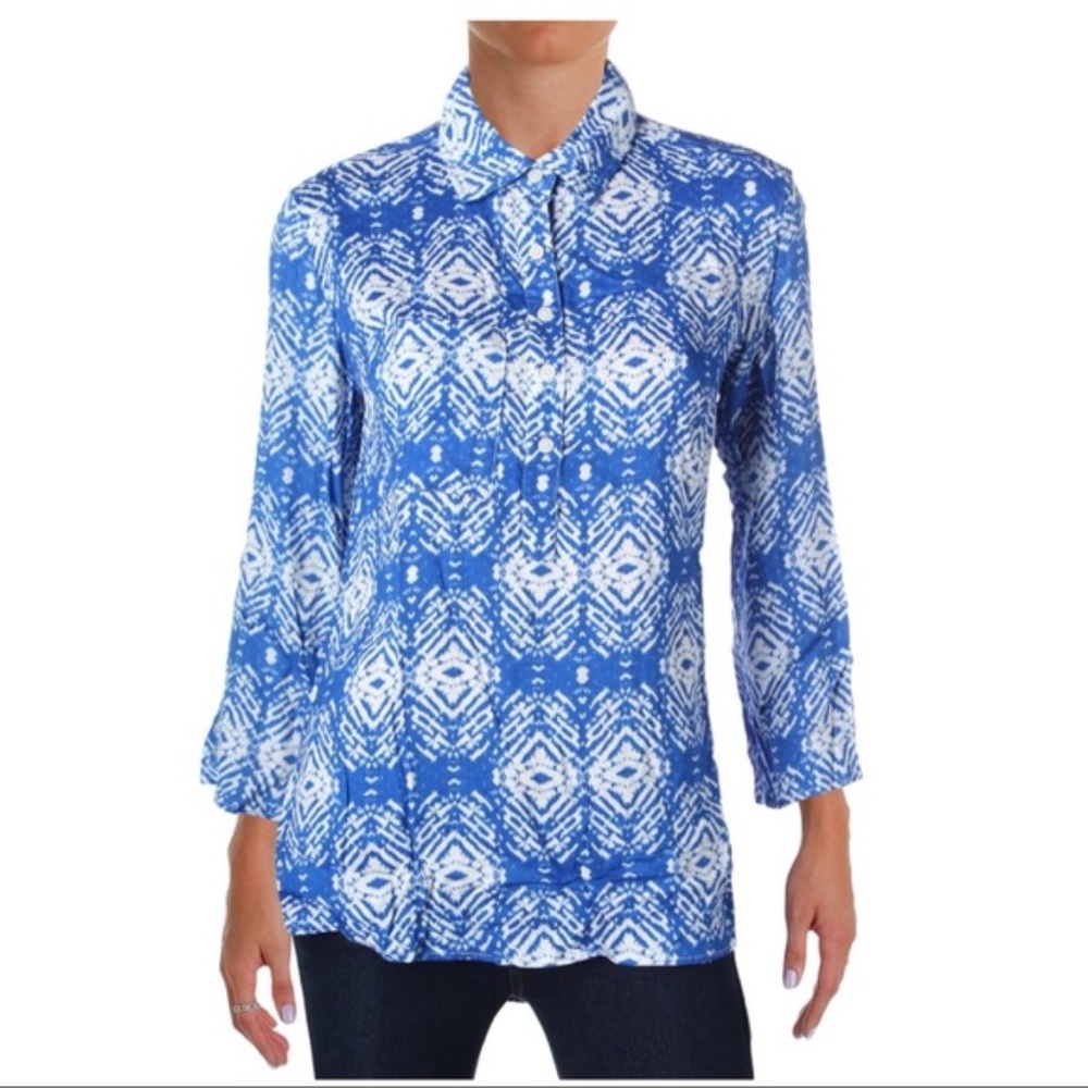 Felicite Blue/White Printed Hi-Lo SZ L Blouse